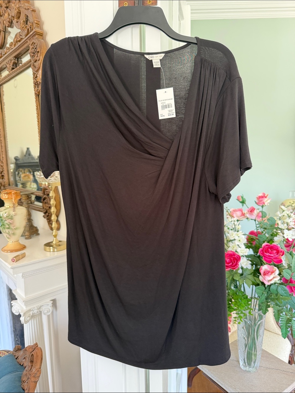 Black Draped Asymmetrical V-Neck Short Sleeve Top by Cato, size XL